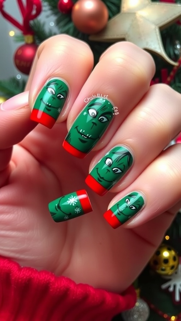 Classy Christmas nails with Grinch design and red tips, surrounded by holiday decorations.